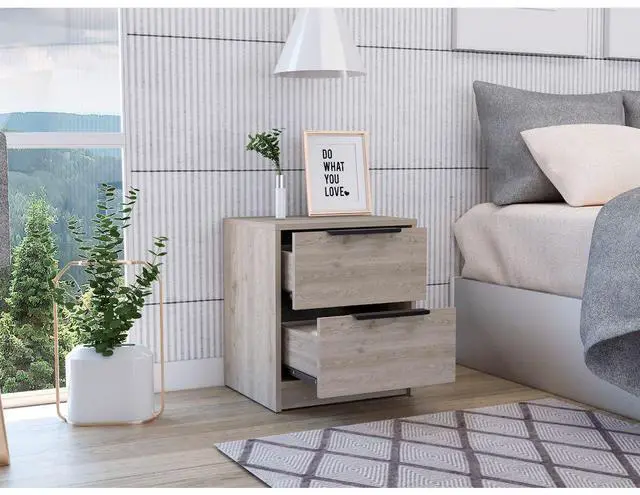 Alt view image 5 of 7 - Kaia Nightstand , End Table, Side Table Two Drawers, Metal Handle -Light Gray