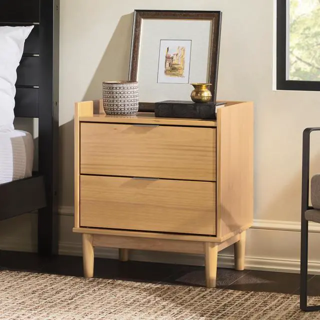 Alt view image 3 of 5 - Mid-Century Modern 2-Drawer Solid Wood Nightstand  Natural Pine