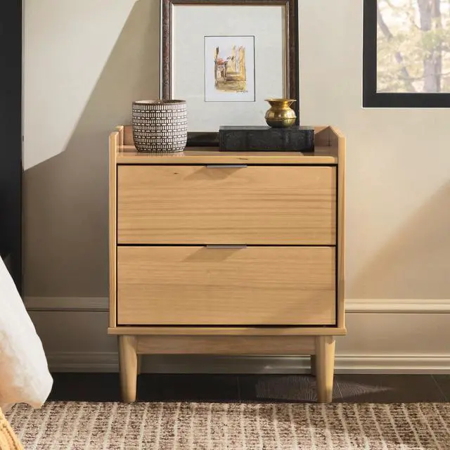 Alt view image 4 of 5 - Mid-Century Modern 2-Drawer Solid Wood Nightstand  Natural Pine