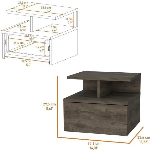 Alt view image 6 of 7 - Augusta Floating Nightstand with 2-Tier Shelf and 1-Drawer