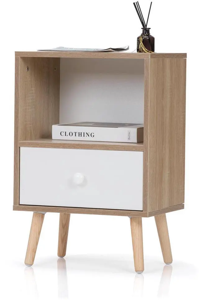 Alt view image 5 of 7 - Mid-Century Wood Nightstand Set of 2, Bed Sofa Side Table with Drawer and Shelf, Modern End Table for Living Room Bedroom Office