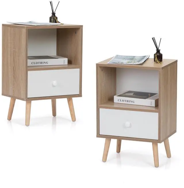 Alt view image 4 of 7 - Mid-Century Wood Nightstand Set of 2, Bed Sofa Side Table with Drawer and Shelf, Modern End Table for Living Room Bedroom Office