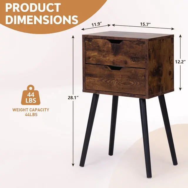 Alt view image 4 of 7 - ightstand with 2 Drawers, Bedside Tables with Solid Wood Legs and Storage, End Table, Side Table, Bedside Furniture for Bedroom, Living Room, Rustic Brown