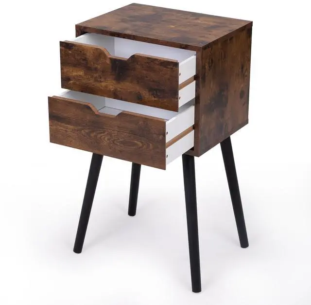 Alt view image 2 of 7 - ightstand with 2 Drawers, Bedside Tables with Solid Wood Legs and Storage, End Table, Side Table, Bedside Furniture for Bedroom, Living Room, Rustic Brown