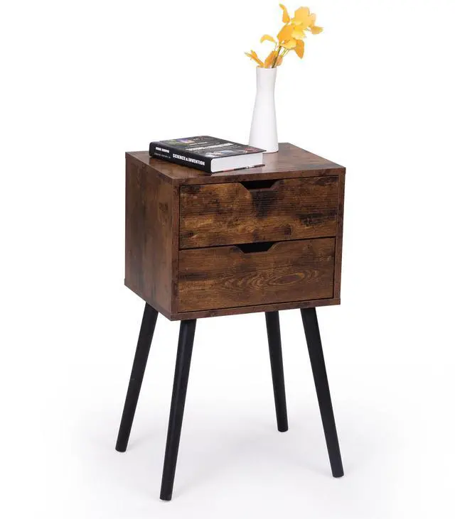 Alt view image 5 of 7 - ightstand with 2 Drawers, Bedside Tables with Solid Wood Legs and Storage, End Table, Side Table, Bedside Furniture for Bedroom, Living Room, Rustic Brown