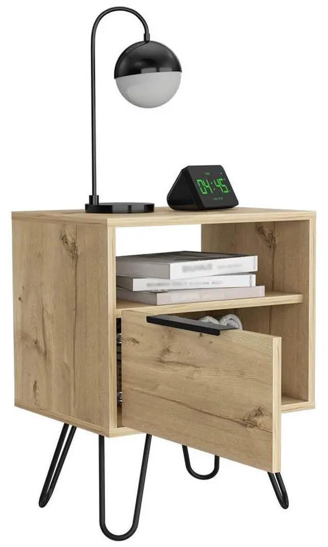 Alt view image 3 of 7 - Nightstand Skyoner, Single Drawer, Hairpin Legs, Light Oak Finish