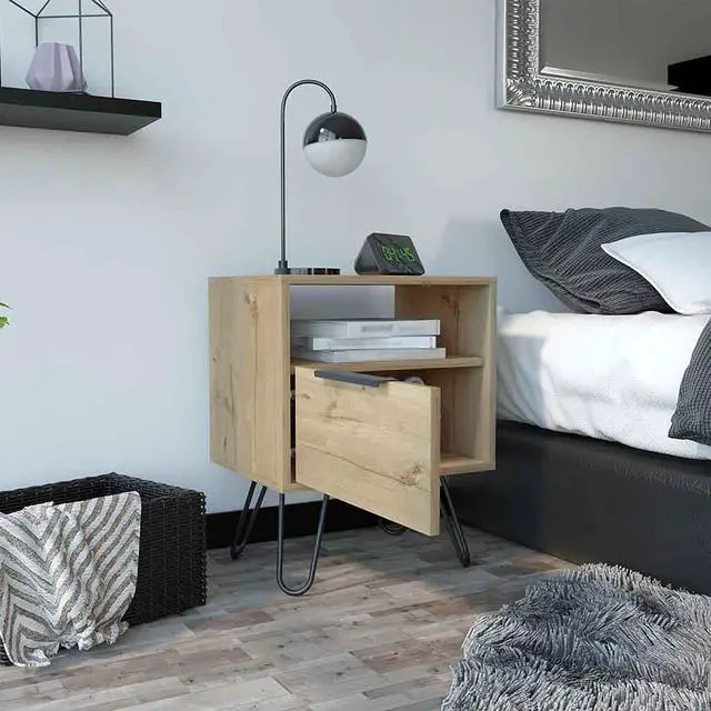 Alt view image 7 of 7 - Nightstand Skyoner, Single Drawer, Hairpin Legs, Light Oak Finish