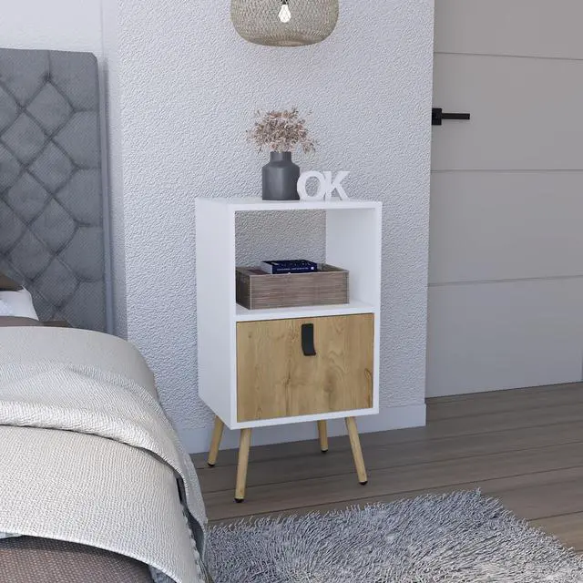 Main image of Tall Nightstand 29"H, with One Drawer and Functional Storage, White / Macadamia