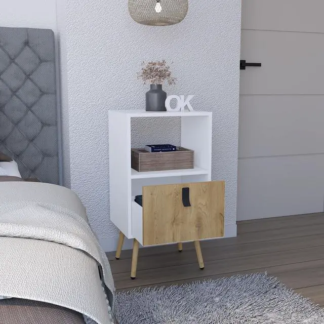 Alt view image 2 of 7 - Tall Nightstand 29"H, with One Drawer and Functional Storage, White / Macadamia