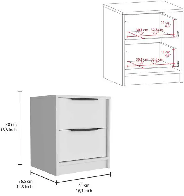 Alt view image 3 of 7 - Kaia Nightstand , End Table, Side Table Two Drawers, Metal Handle -White