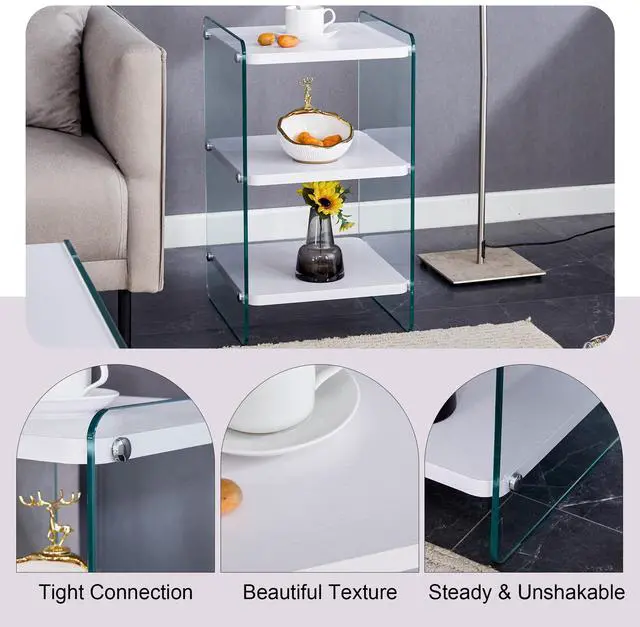 Alt view image 5 of 7 - Three levels of bedside tables. The board surface is MDF, with white stickers, and both sides are transparent tempered glass. The design is simple and generous, with storage function.W1512P284948