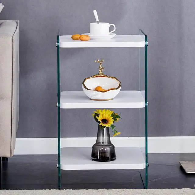 Alt view image 2 of 7 - Three levels of bedside tables. The board surface is MDF, with white stickers, and both sides are transparent tempered glass. The design is simple and generous, with storage function.W1512P284948