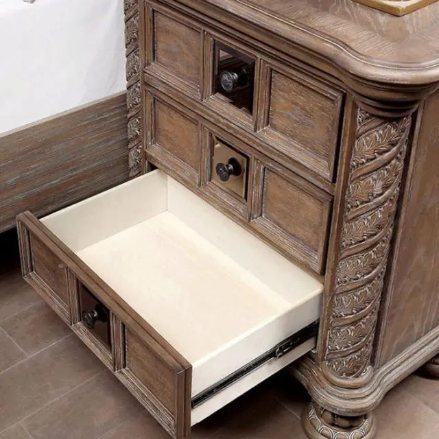 Alt view image 2 of 7 - Transitional Rustic Natural Tone 1pc Nightstand Only Solid wood 3-Drawers Bronze Round Knobs Bedside Table Bedroom Furniture