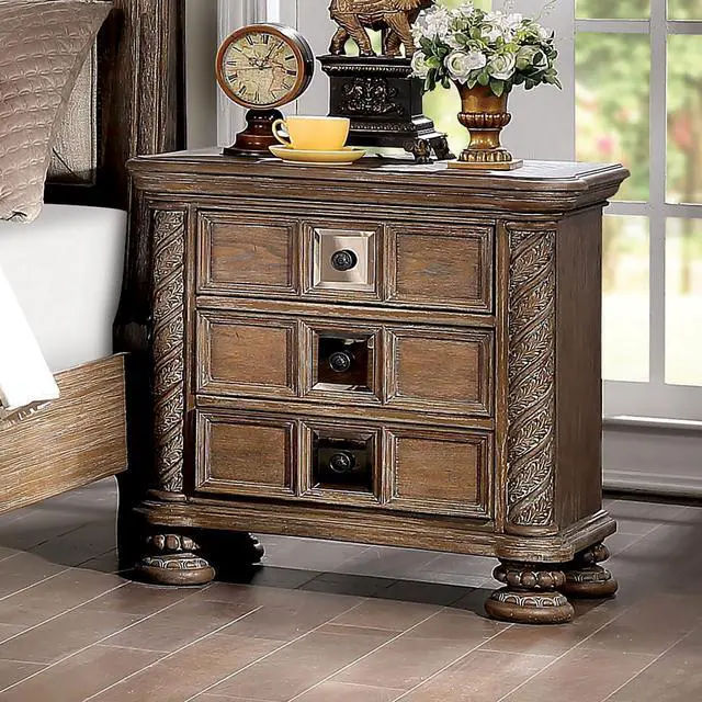 Main image of Transitional Rustic Natural Tone 1pc Nightstand Only Solid wood 3-Drawers Bronze Round Knobs Bedside Table Bedroom Furniture