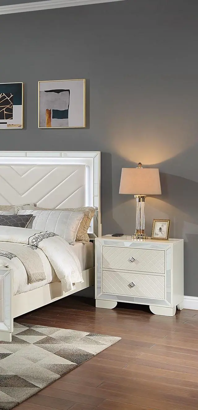 Alt view image 3 of 7 - Classic Luxury Look Cream 1pc Nightstand Wooden Bedside Table 2x Drawers w Mirror Glass Panel Bedroom Furniture