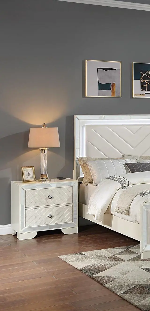 Alt view image 4 of 7 - Classic Luxury Look Cream 1pc Nightstand Wooden Bedside Table 2x Drawers w Mirror Glass Panel Bedroom Furniture