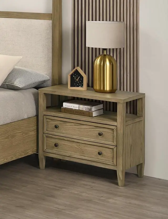 Alt view image 2 of 5 - 1pc Rustic 2-Drawer Nightstand with Open Shelf Wooden Bedroom Nightstand Tan / Beige Natural