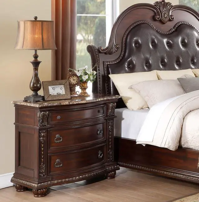 Alt view image 3 of 7 - Dark Cherry Finish with Gold Tipping European Design 1pc Nightstand with Genuine Marble Top Traditional Bedroom Furniture 3-Drawers
