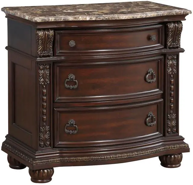 Alt view image 2 of 7 - Dark Cherry Finish with Gold Tipping European Design 1pc Nightstand with Genuine Marble Top Traditional Bedroom Furniture 3-Drawers