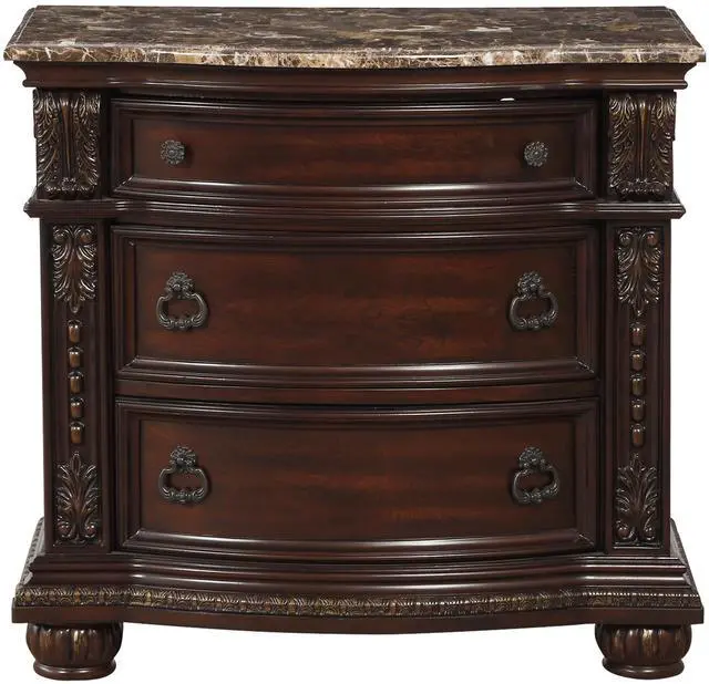 Main image of Dark Cherry Finish with Gold Tipping European Design 1pc Nightstand with Genuine Marble Top Traditional Bedroom Furniture 3-Drawers