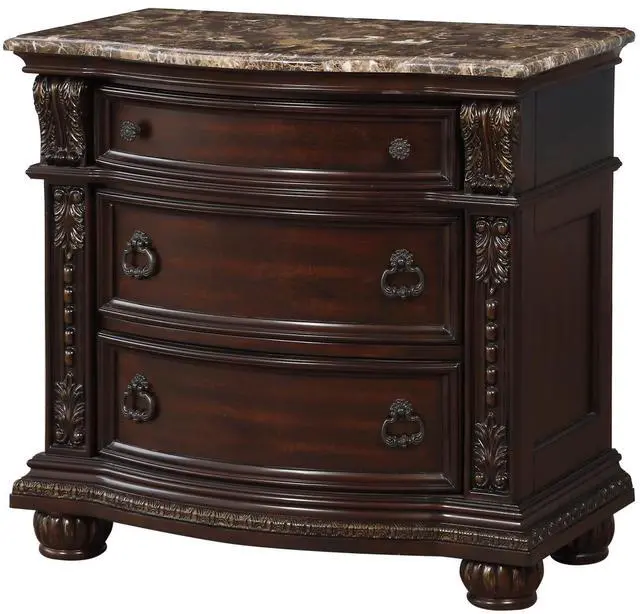 Alt view image 6 of 7 - Dark Cherry Finish with Gold Tipping European Design 1pc Nightstand with Genuine Marble Top Traditional Bedroom Furniture 3-Drawers