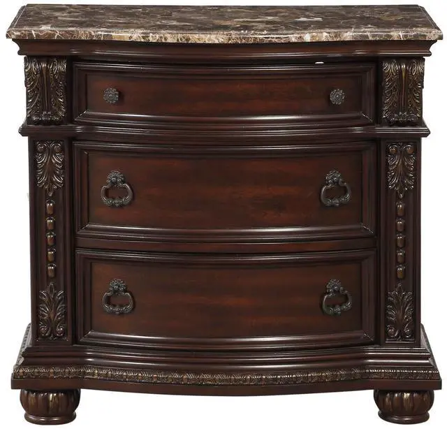 Alt view image 5 of 7 - Dark Cherry Finish with Gold Tipping European Design 1pc Nightstand with Genuine Marble Top Traditional Bedroom Furniture 3-Drawers