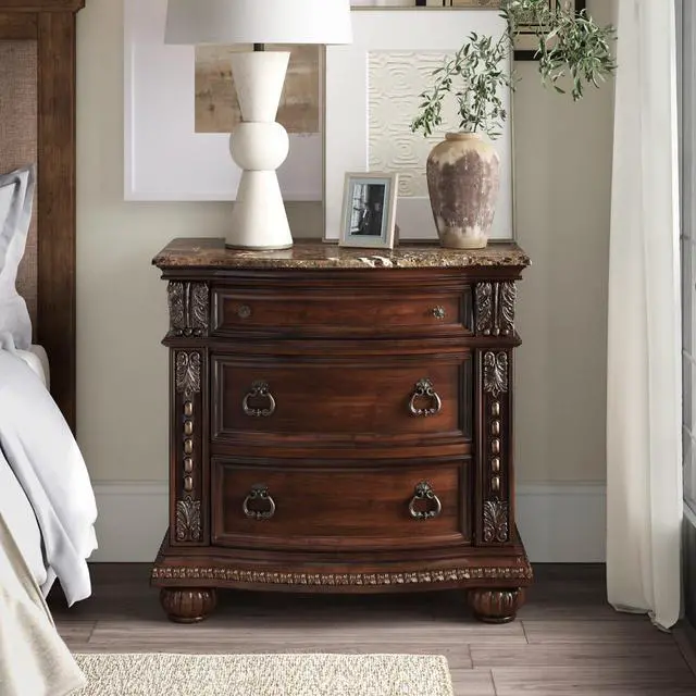 Alt view image 7 of 7 - Dark Cherry Finish with Gold Tipping European Design 1pc Nightstand with Genuine Marble Top Traditional Bedroom Furniture 3-Drawers