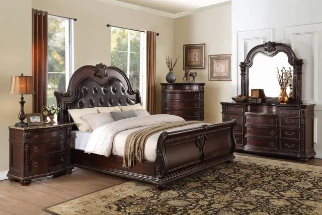 Alt view image 4 of 7 - Dark Cherry Finish with Gold Tipping European Design 1pc Nightstand with Genuine Marble Top Traditional Bedroom Furniture 3-Drawers