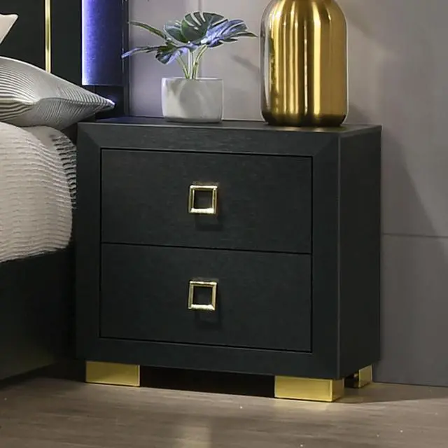 Main image of Modern 1pc Nightstand Black Color Center Glide 2-Drawers Bedside Table Square Pulls Bedroom Furniture