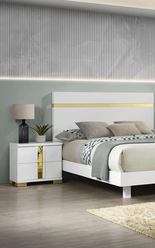 Alt view image 2 of 7 - White And Gold Trim 1pc Nightstand Bracketed Metal Legs Acrylic Trim Contemporary Bedroom Furniture