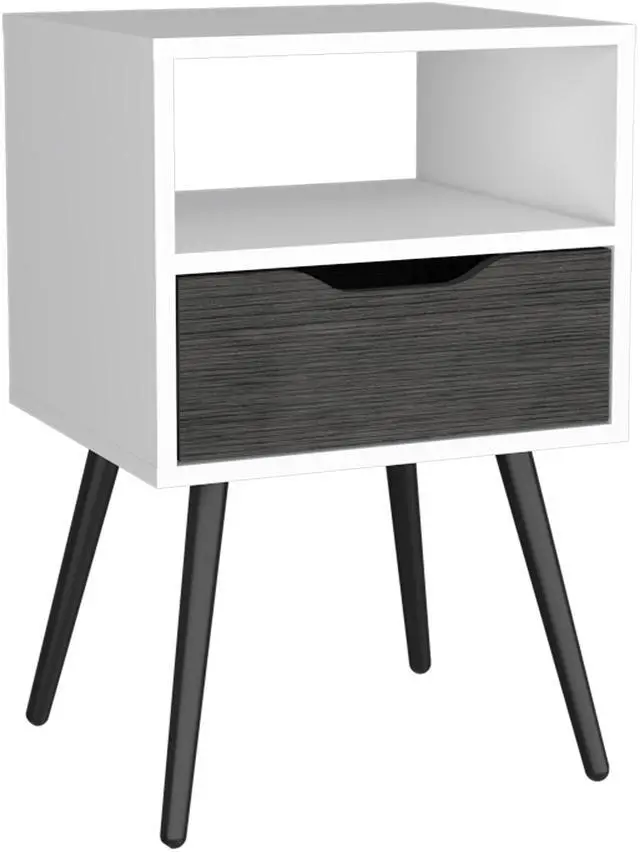 Alt view image 2 of 7 - Otom Nightstand , Superior Top, One Open Shelf, One Drawer, Four Legs -Smokey Oak / White