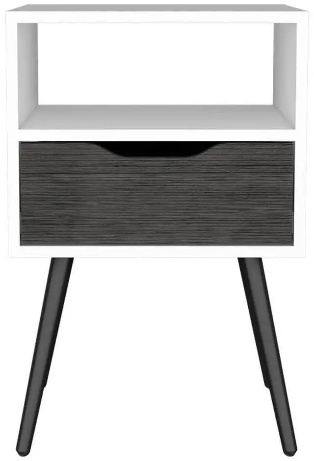 Alt view image 6 of 7 - Otom Nightstand , Superior Top, One Open Shelf, One Drawer, Four Legs -Smokey Oak / White