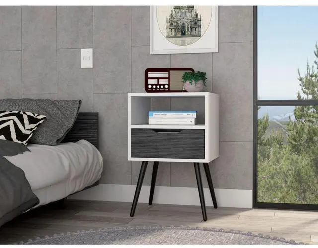 Alt view image 5 of 7 - Otom Nightstand , Superior Top, One Open Shelf, One Drawer, Four Legs -Smokey Oak / White