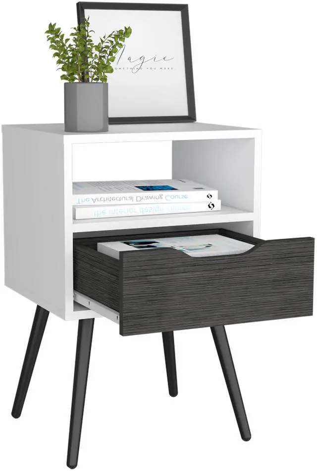 Alt view image 7 of 7 - Otom Nightstand , Superior Top, One Open Shelf, One Drawer, Four Legs -Smokey Oak / White