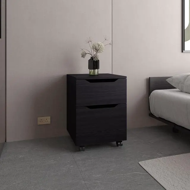 Main image of Ethan Open Shelves Nightstand With One Door, Modern Bedside Table For Bedroom Storage, Black