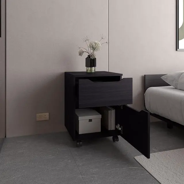 Alt view image 2 of 7 - Ethan Open Shelves Nightstand With One Door, Modern Bedside Table For Bedroom Storage, Black