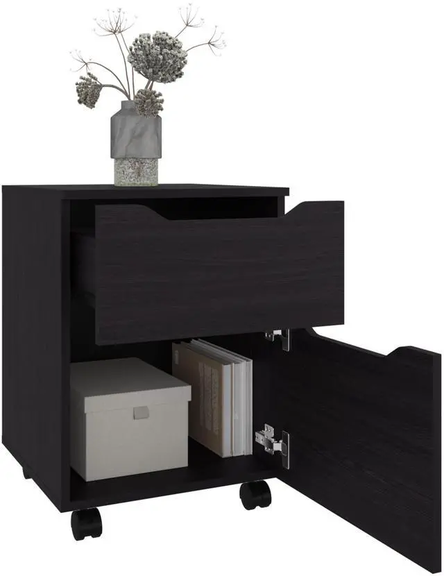 Alt view image 4 of 7 - Ethan Open Shelves Nightstand With One Door, Modern Bedside Table For Bedroom Storage, Black