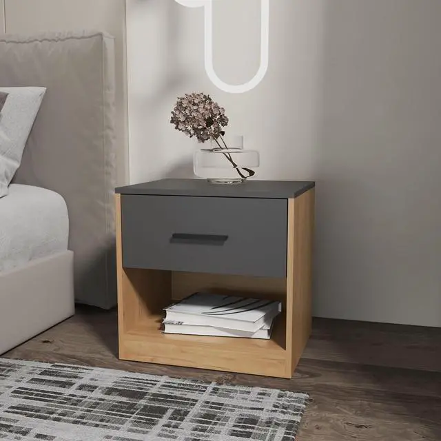 Main image of Solomon Nightstand with a Drawer, Natural Oak and Matt Grey