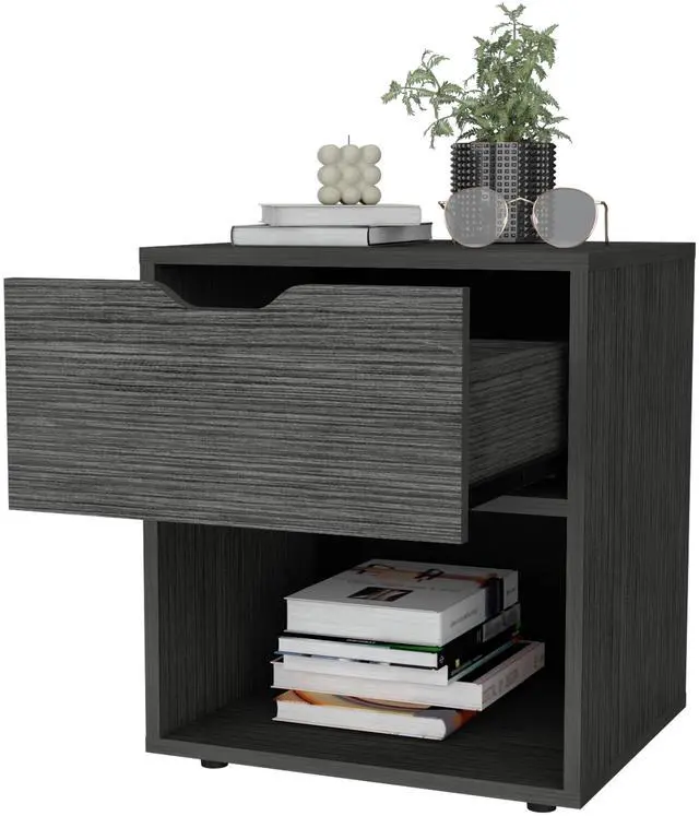 Alt view image 3 of 7 - FM FURNITURE Elliott Nightstand with Elegant Drawer and Open Shelf, Ligth Gray