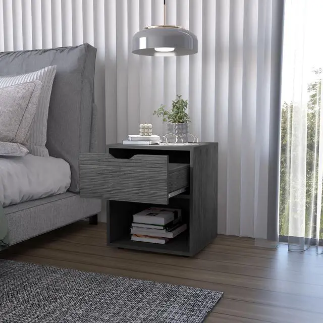 Alt view image 7 of 7 - FM FURNITURE Elliott Nightstand with Elegant Drawer and Open Shelf, Ligth Gray
