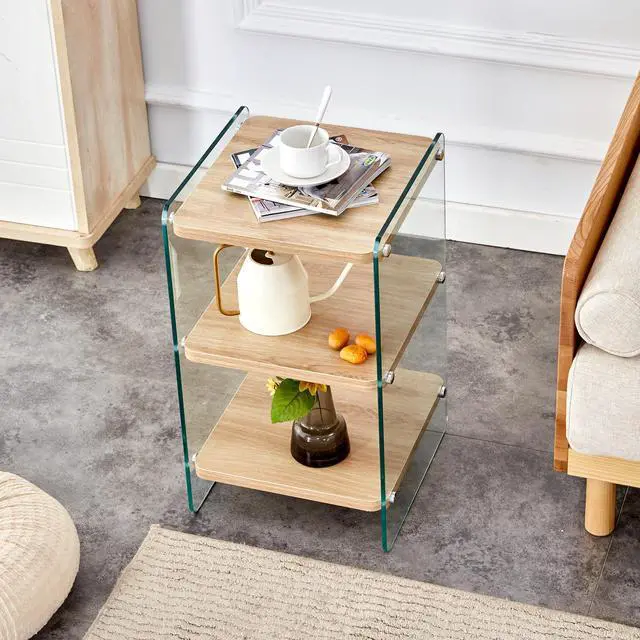 Alt view image 2 of 7 - Three levels of bedside tables. The board surface is MDF, with wood grain stickers, and both sides are transparent tempered glass. The design is simple and generous, with storage function.W1512P285040