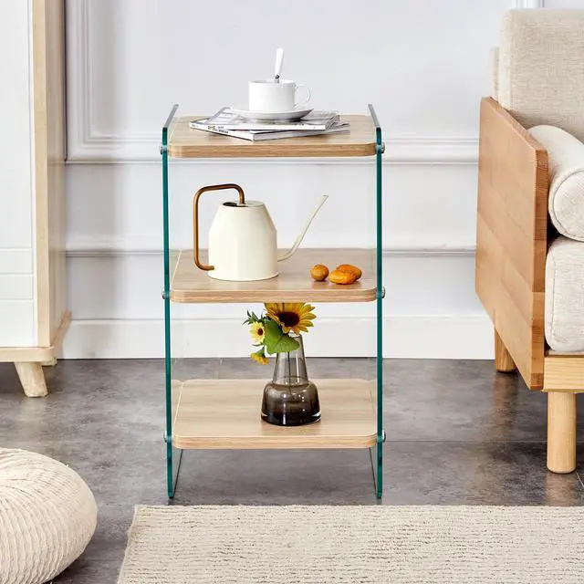 Alt view image 3 of 7 - Three levels of bedside tables. The board surface is MDF, with wood grain stickers, and both sides are transparent tempered glass. The design is simple and generous, with storage function.W1512P285040