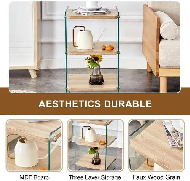 Alt view image 6 of 7 - Three levels of bedside tables. The board surface is MDF, with wood grain stickers, and both sides are transparent tempered glass. The design is simple and generous, with storage function.W1512P285040