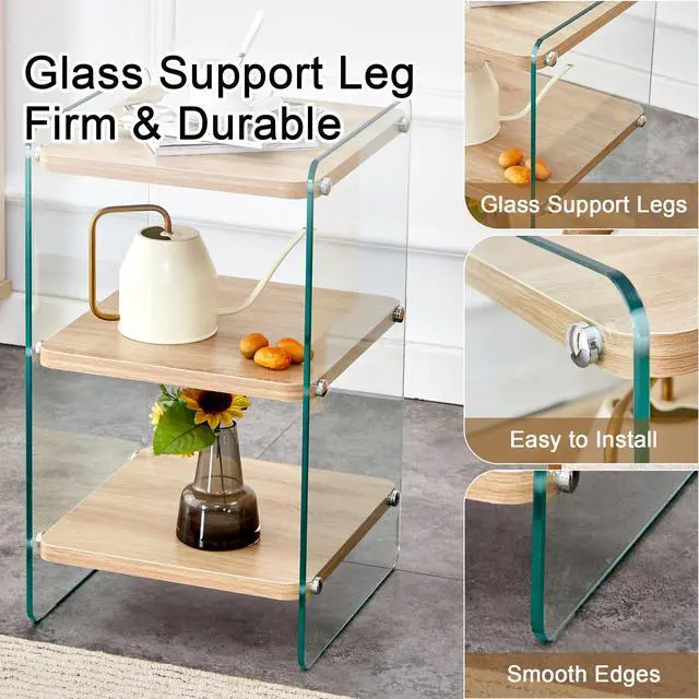 Alt view image 7 of 7 - Three levels of bedside tables. The board surface is MDF, with wood grain stickers, and both sides are transparent tempered glass. The design is simple and generous, with storage function.W1512P285040