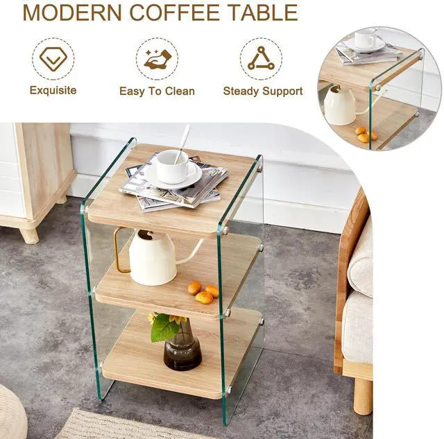 Alt view image 5 of 7 - Three levels of bedside tables. The board surface is MDF, with wood grain stickers, and both sides are transparent tempered glass. The design is simple and generous, with storage function.W1512P285040