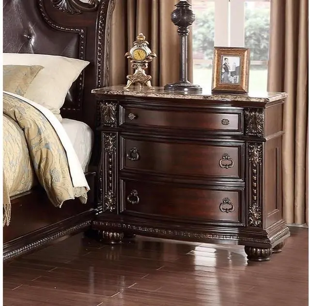 Main image of 1Pc Traditional Style End Table 3-Drawer Nightstand with Marble Top Rich Brown Cherry Finish Solid Wood Wooden Bedroom