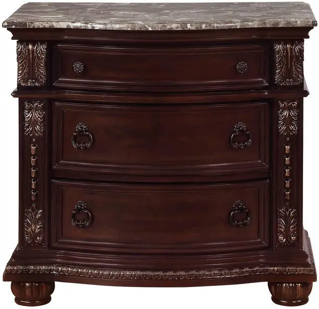 Alt view image 3 of 7 - 1Pc Traditional Style End Table 3-Drawer Nightstand with Marble Top Rich Brown Cherry Finish Solid Wood Wooden Bedroom