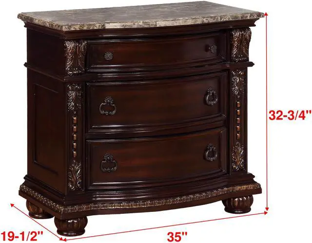 Alt view image 5 of 7 - 1Pc Traditional Style End Table 3-Drawer Nightstand with Marble Top Rich Brown Cherry Finish Solid Wood Wooden Bedroom