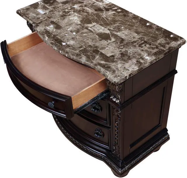 Alt view image 4 of 7 - 1Pc Traditional Style End Table 3-Drawer Nightstand with Marble Top Rich Brown Cherry Finish Solid Wood Wooden Bedroom