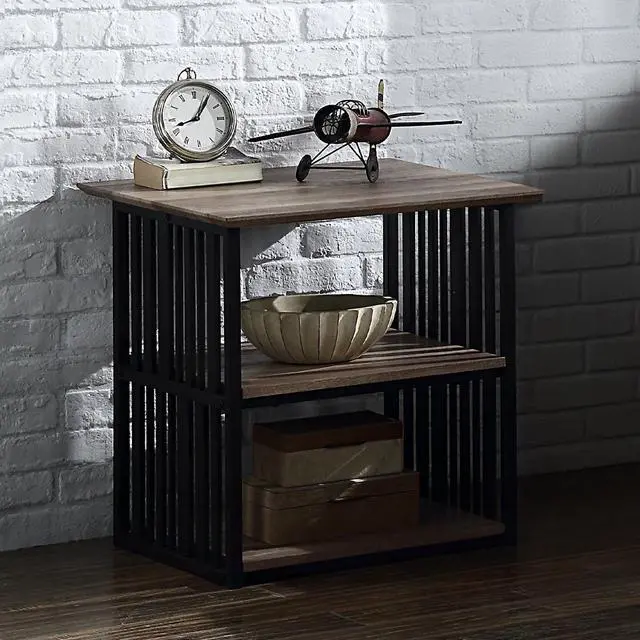 Alt view image 4 of 5 - Rustic Industrial Black and Antique Oak Finish Open Shelves Nightstand 1pc Metal Frame Durable Bedroom Furniture